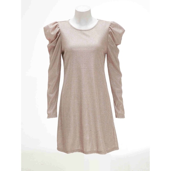 Nude Glitter Puff Sleeve Shift Party Dress - Picture 6 of 8